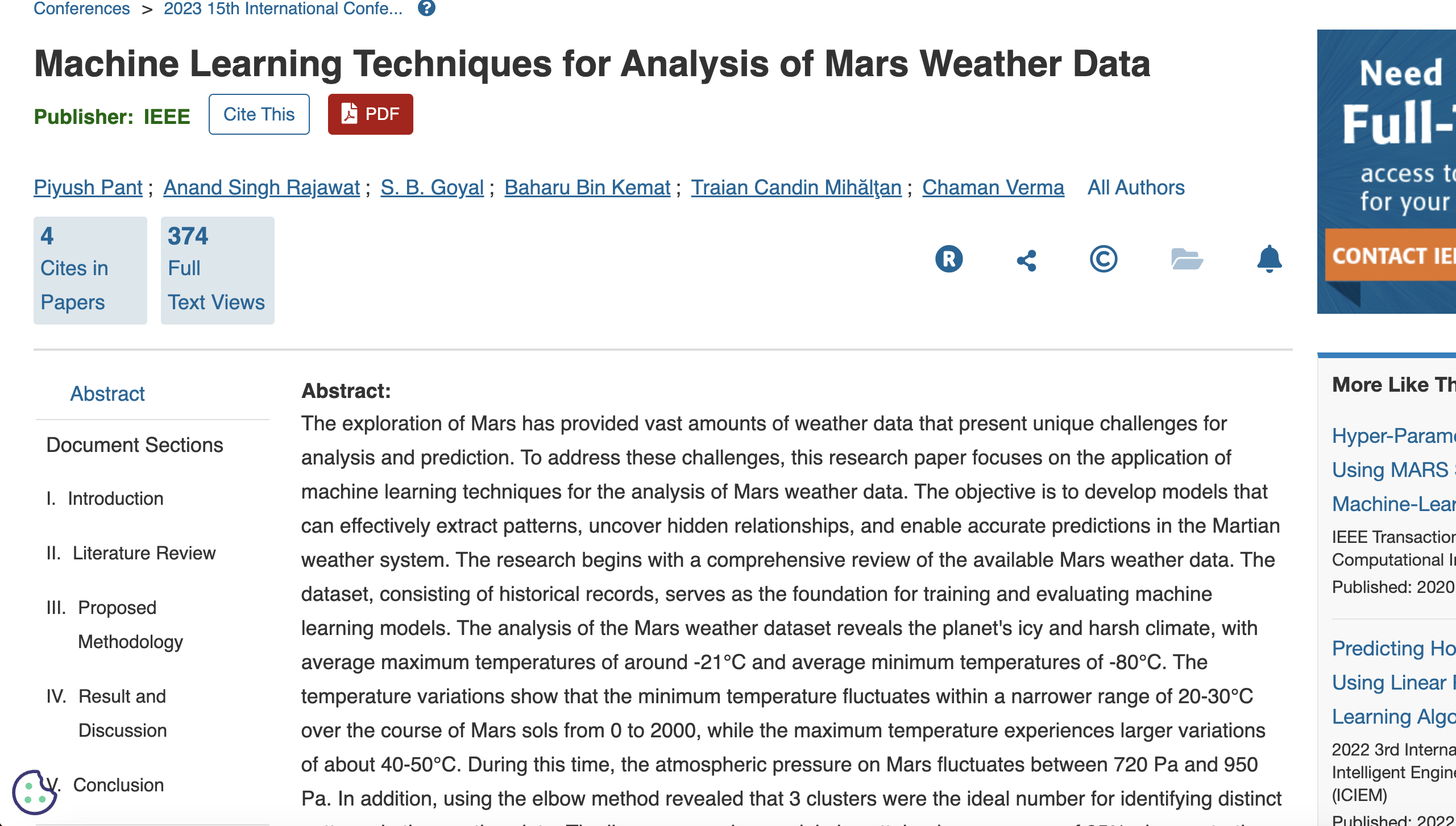 Machine Learning Techniques for Analysis of Mars Weather Data